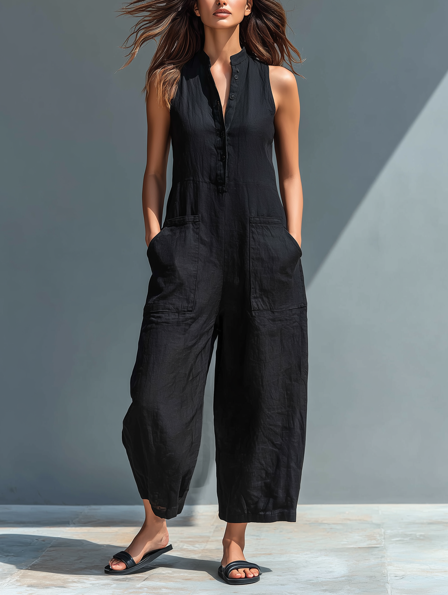 Women's Sleeveless Linen Blend Jumpsuit – Minimalist Relaxed Everyday Style