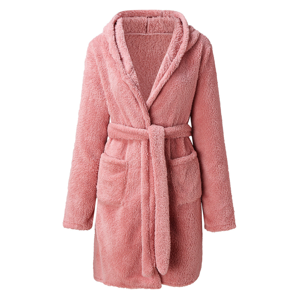 Women’s Short Hooded Bathrobe – Elegant Solid-Color Cozy Home Robe