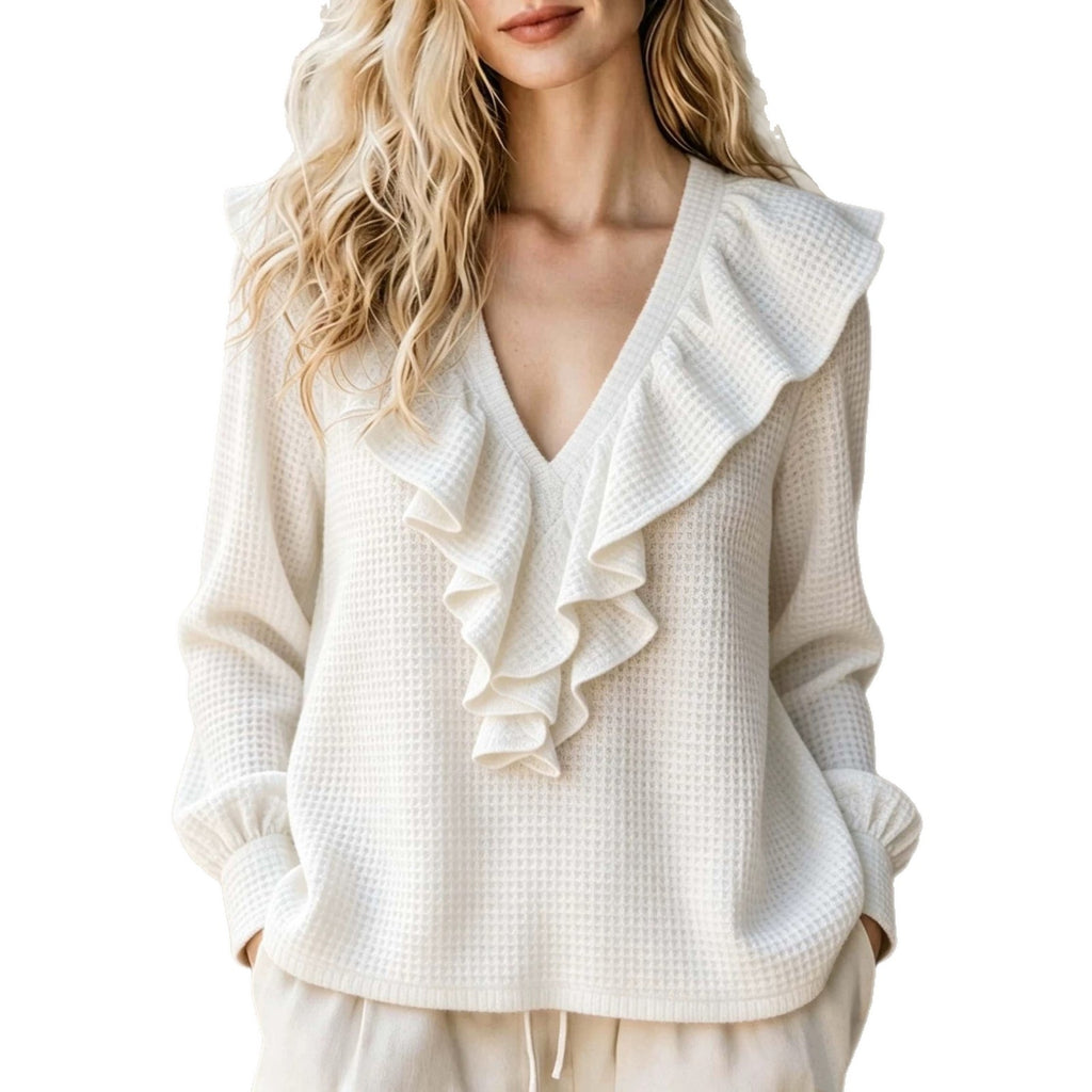 Waffle-Knit V-Neck Top - Soft and Feminine