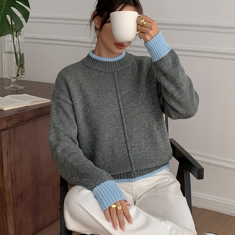 Half-Turtleneck Color-Block Sweater - Loose and Modern