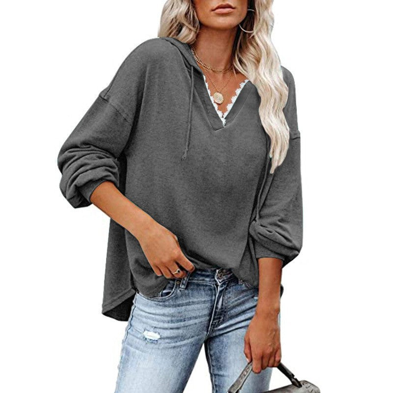 Women's Hooded Lace Sweatshirt - V-Neck Long Sleeve Casual Pullover