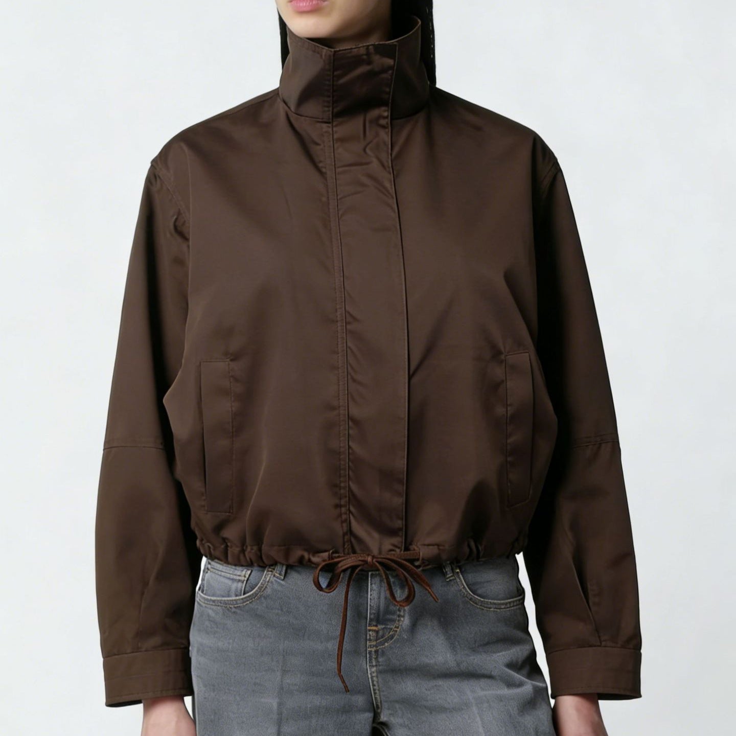 Women's Stand Collar Trench Jacket - Minimal Long Sleeve Everyday Layer