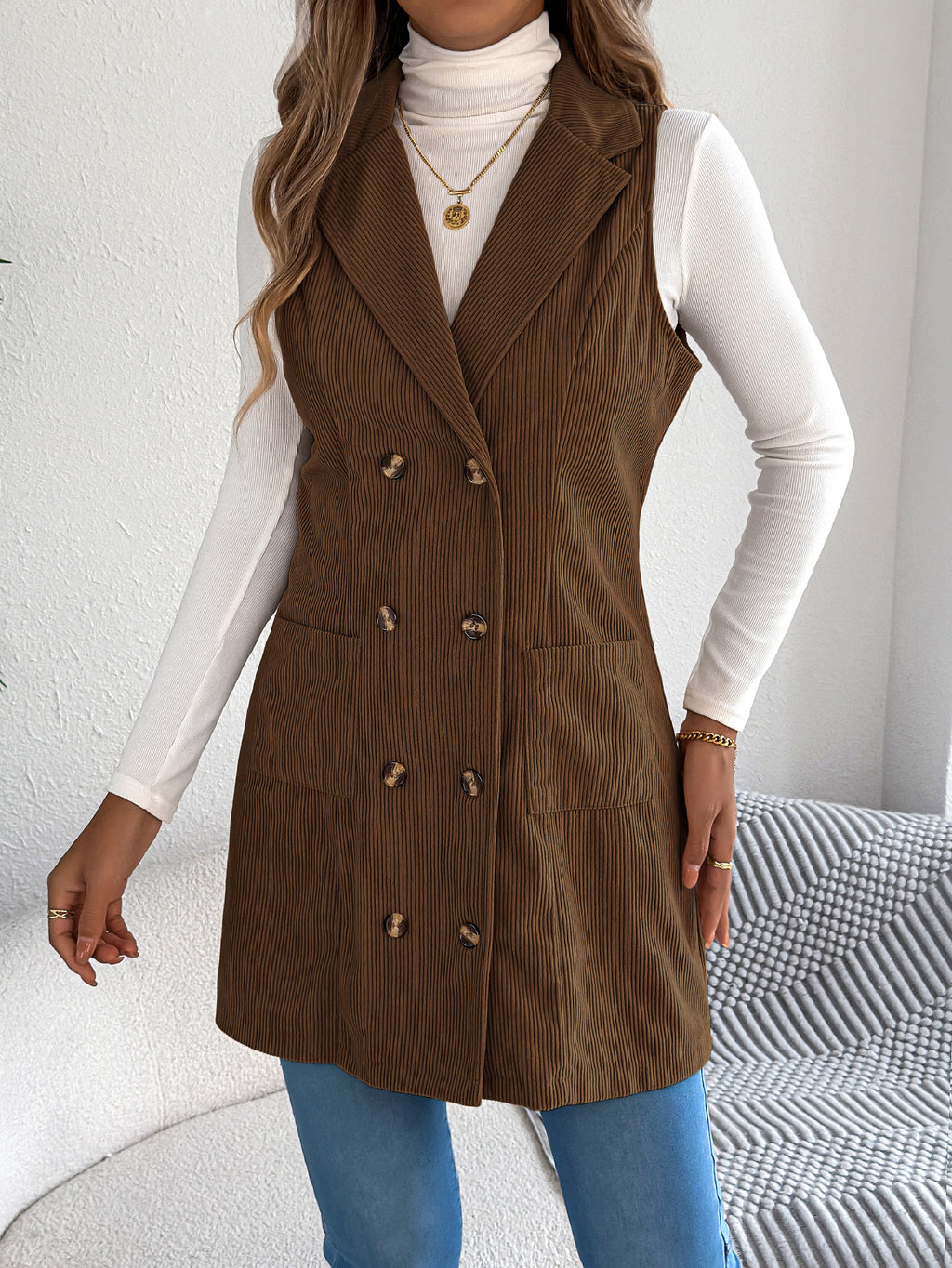 Women’s Solid Color Corduroy Long Vest Jacket – Double-Breasted Pocket Casual Layering Style