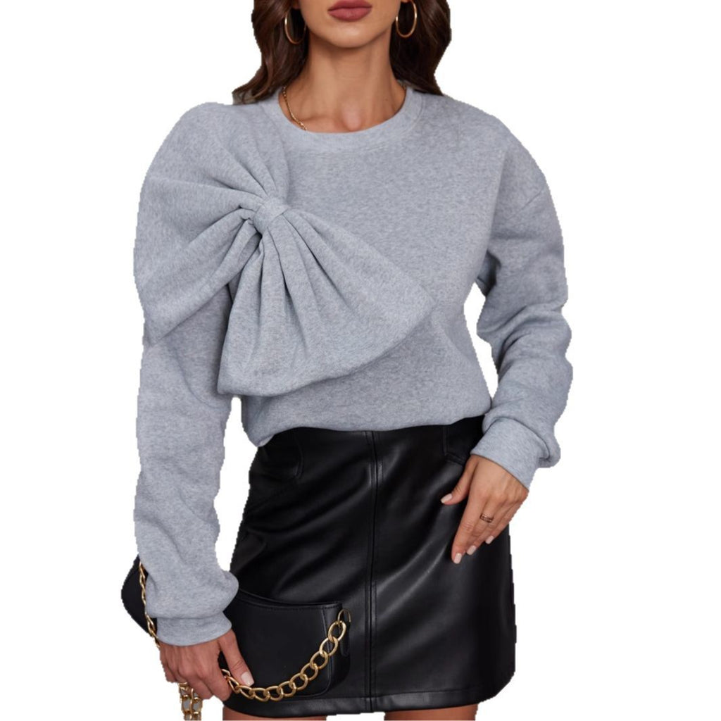 Women’s Bow-Front Long-Sleeve Sweater – Elegant Loose-Fit Crewneck Sweater