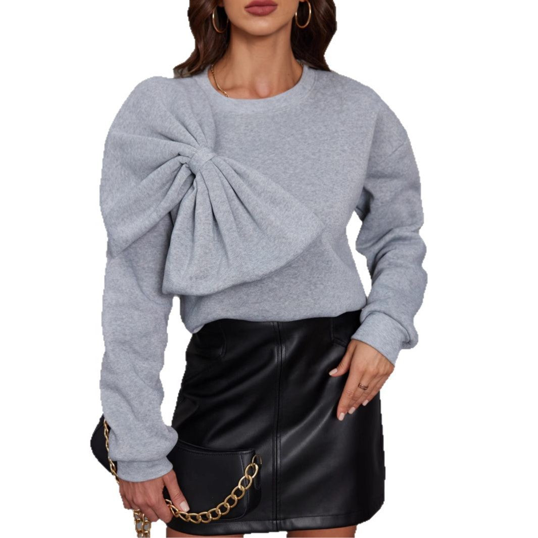 Women’s Bow-Front Long-Sleeve Sweater – Elegant Loose-Fit Crewneck Sweater