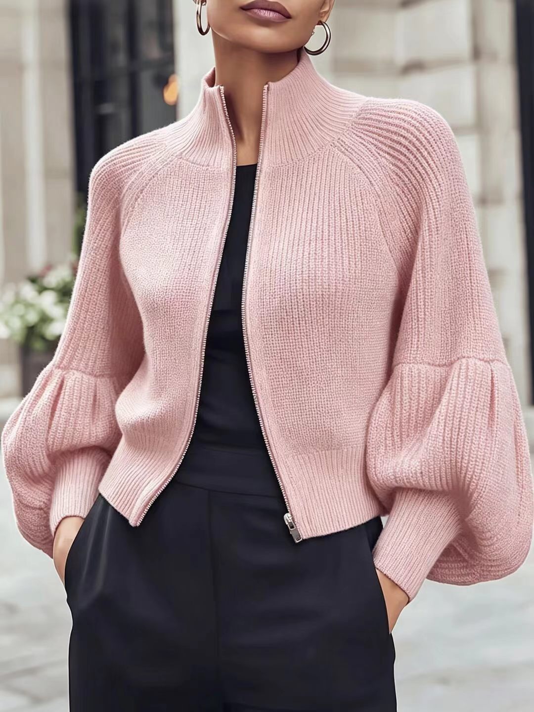 Fluffy Lantern-Sleeve Textured Sweater - Soft and Cozy