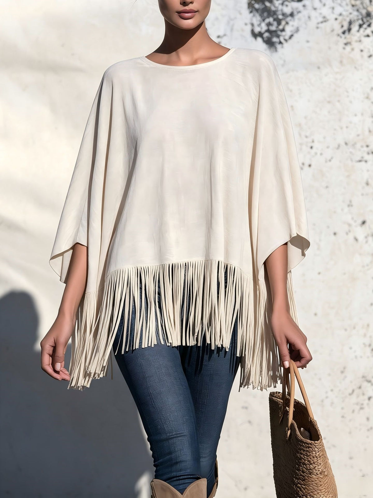 Women’s Loose Fringe Blouse – Relaxed Round Neck Top
