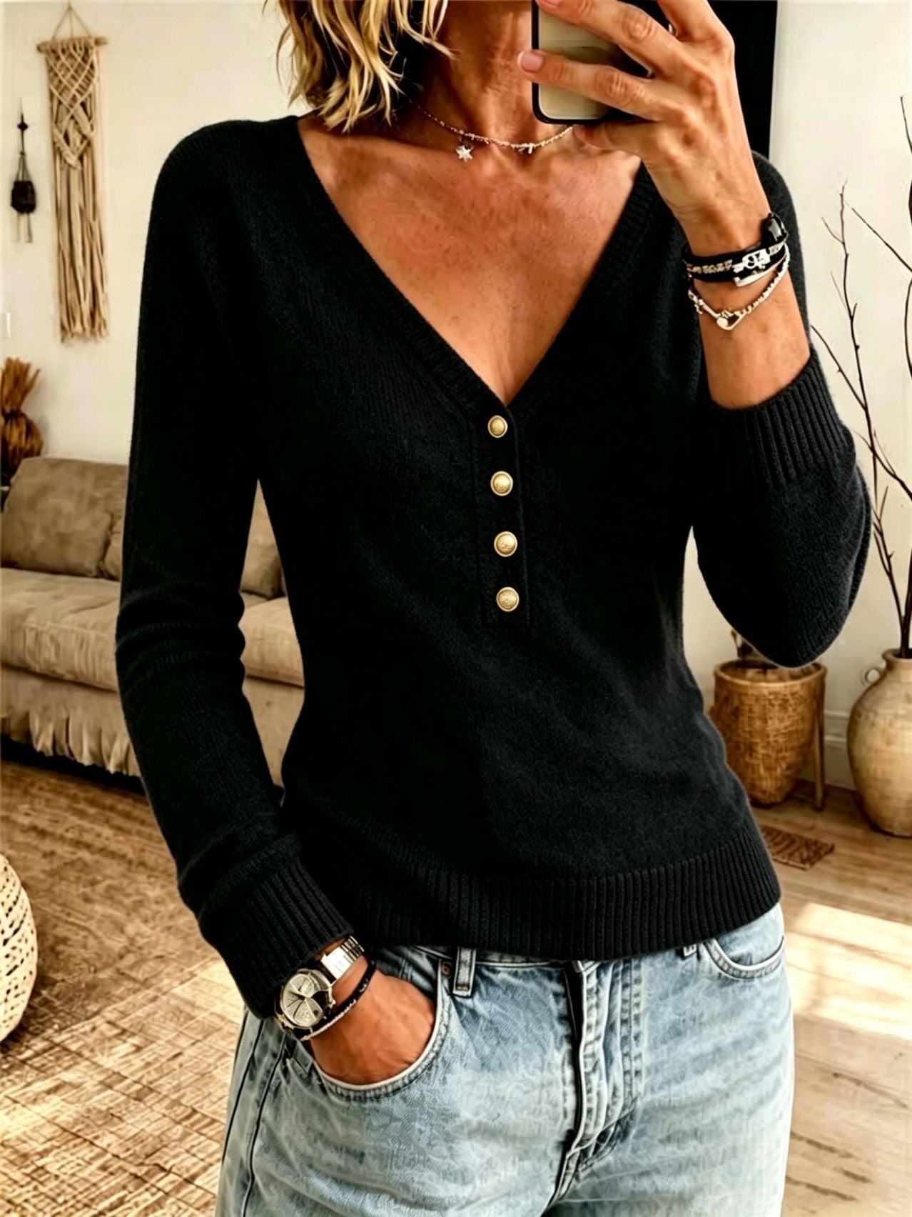 Women's Solid V-Neck Knit Sweater - Simple Soft Everyday Layer