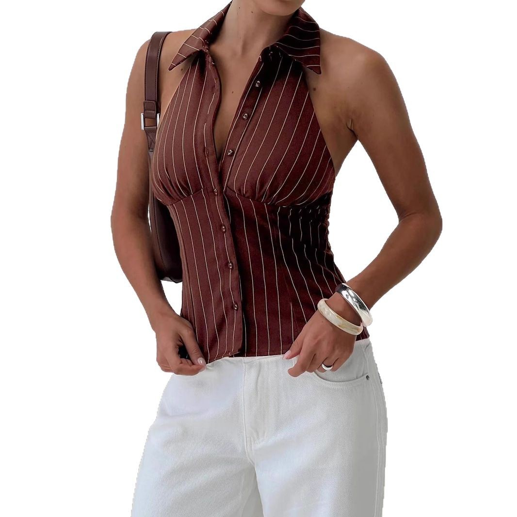 Women’s Striped Slim-Fit Sleeveless Shirt – Distressed Casual Summer Style