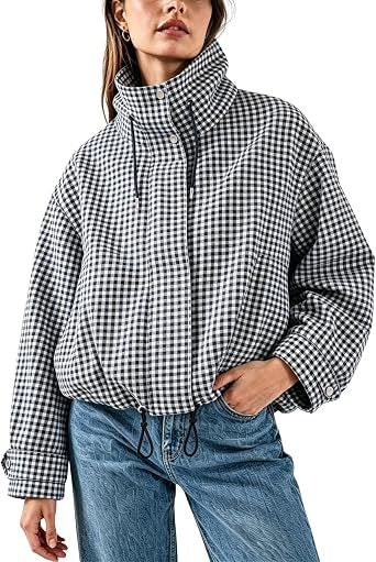 Women’s Plaid Stand Collar Zip-Up Jacket – Stylish Casual Short Outerwear