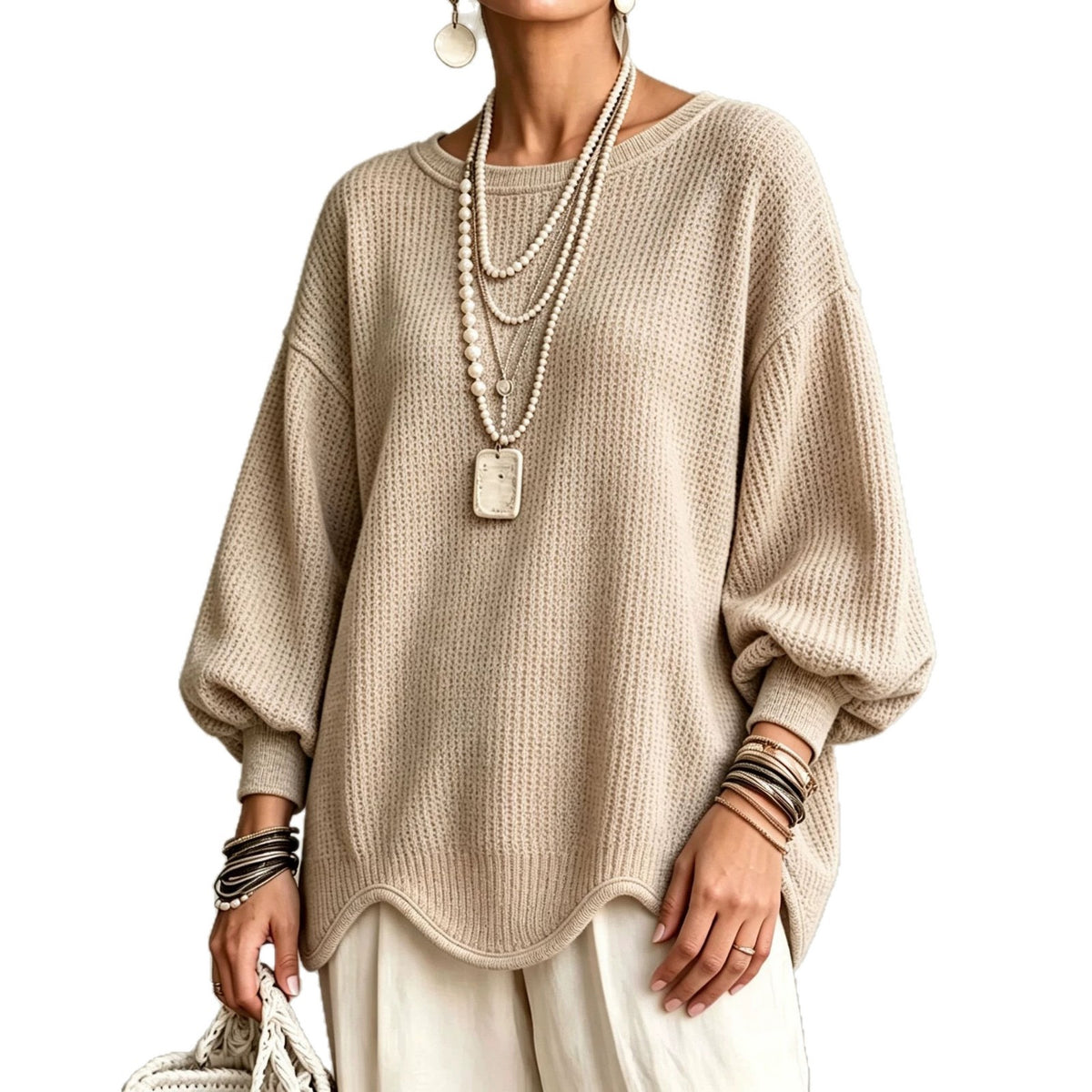 Women's Top - Round Neck, Lantern Sleeves and Wavy Hem