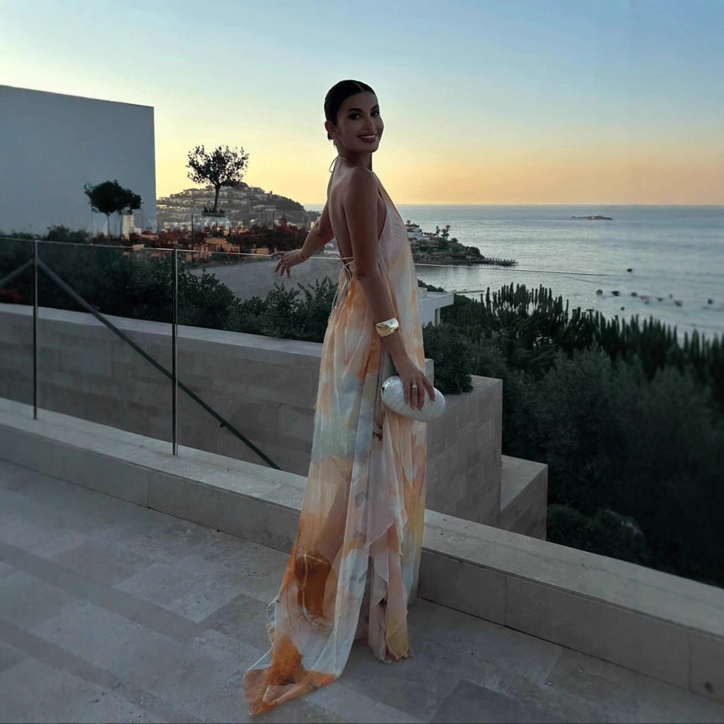 Women's Halter Backless Printed Maxi Dress – Flowy Summer Statement Dress
