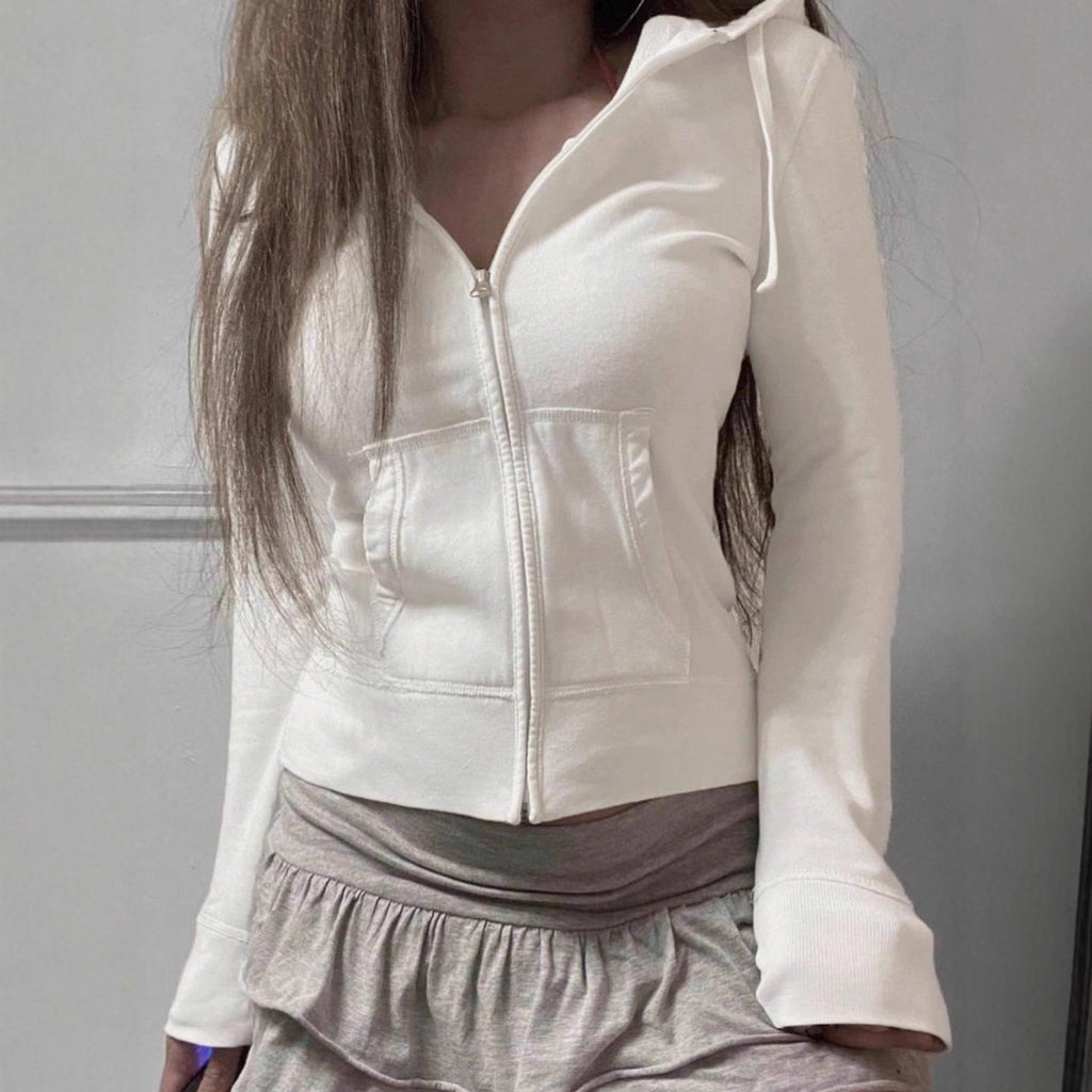 Women’s White Fitted Hooded Jacket – Elegant Zip-Up Hoodie