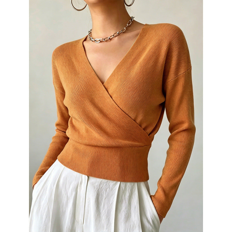 Cross-Neck Waist-Cinching Knit Sweater - Soft and Shaped