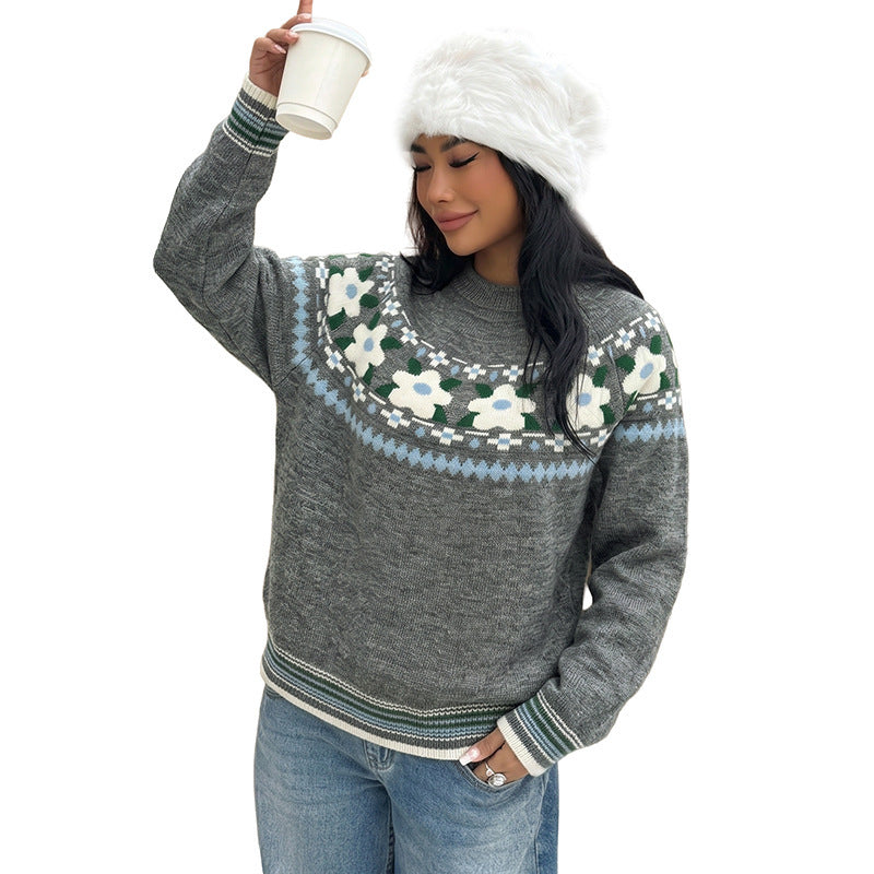 Retro Floral Pullover Sweater - Soft and Feminine