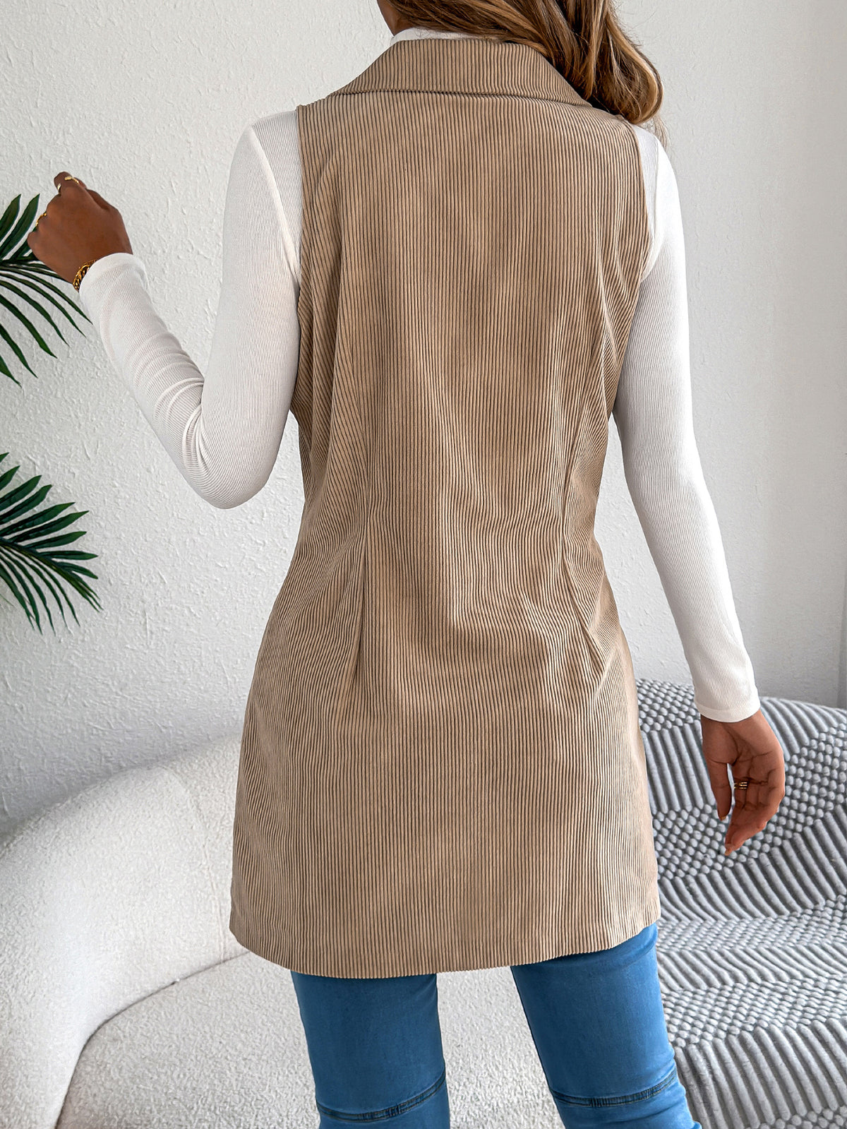 Women’s Solid Color Corduroy Long Vest Jacket – Double-Breasted Pocket Casual Layering Style