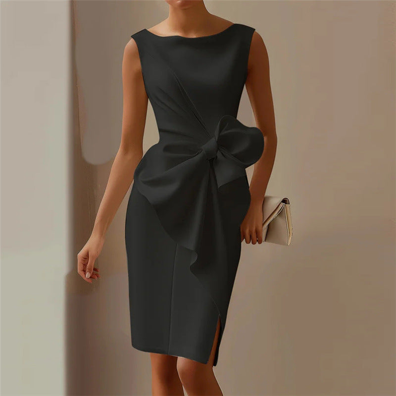 Women’s Solid-Color Bowknot Dress – Elegant Slim Sleeveless Casual & Office Party Outfit