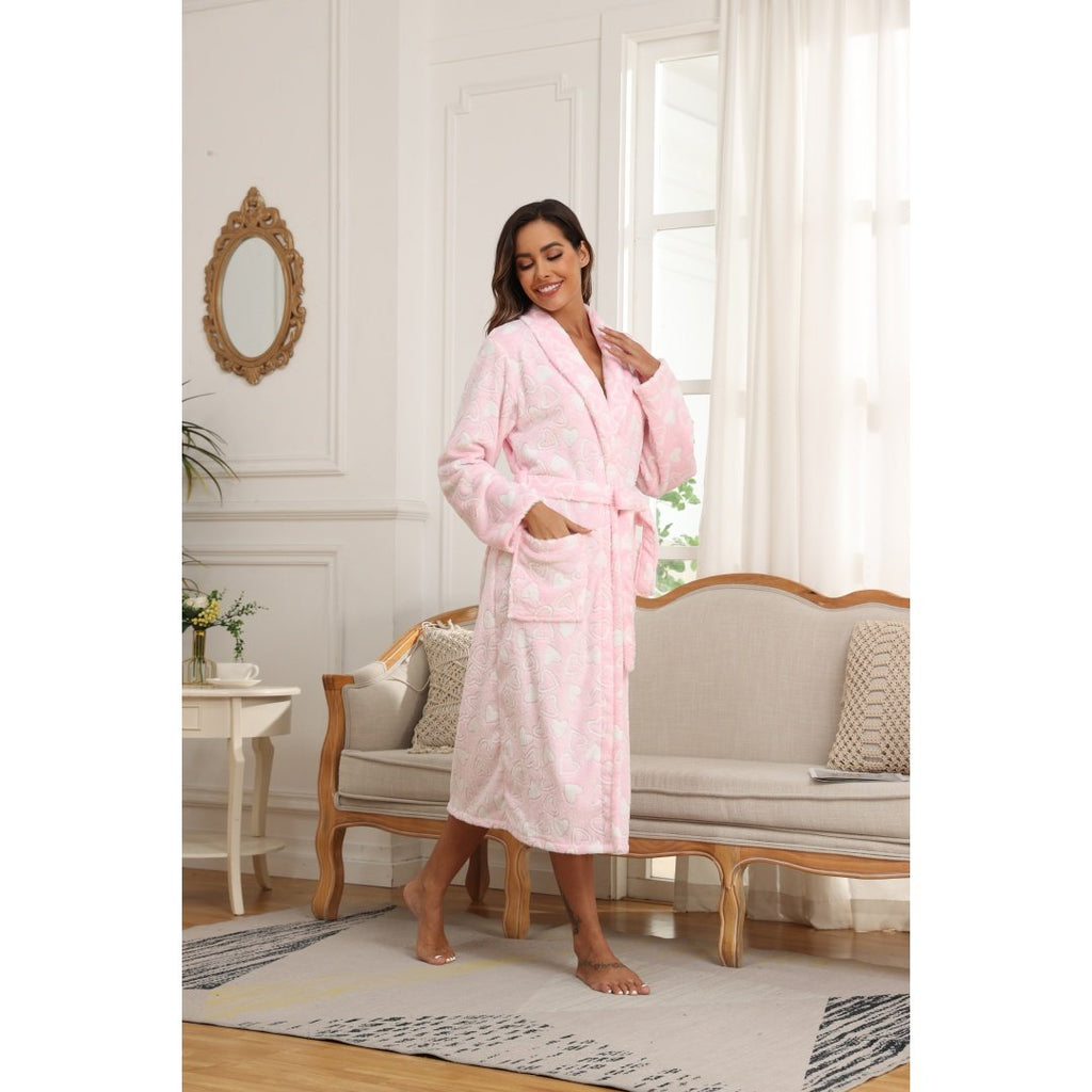 Women’s Pink Heart-Print Plush Bathrobe – Lightweight Cozy Spa and Home Robe