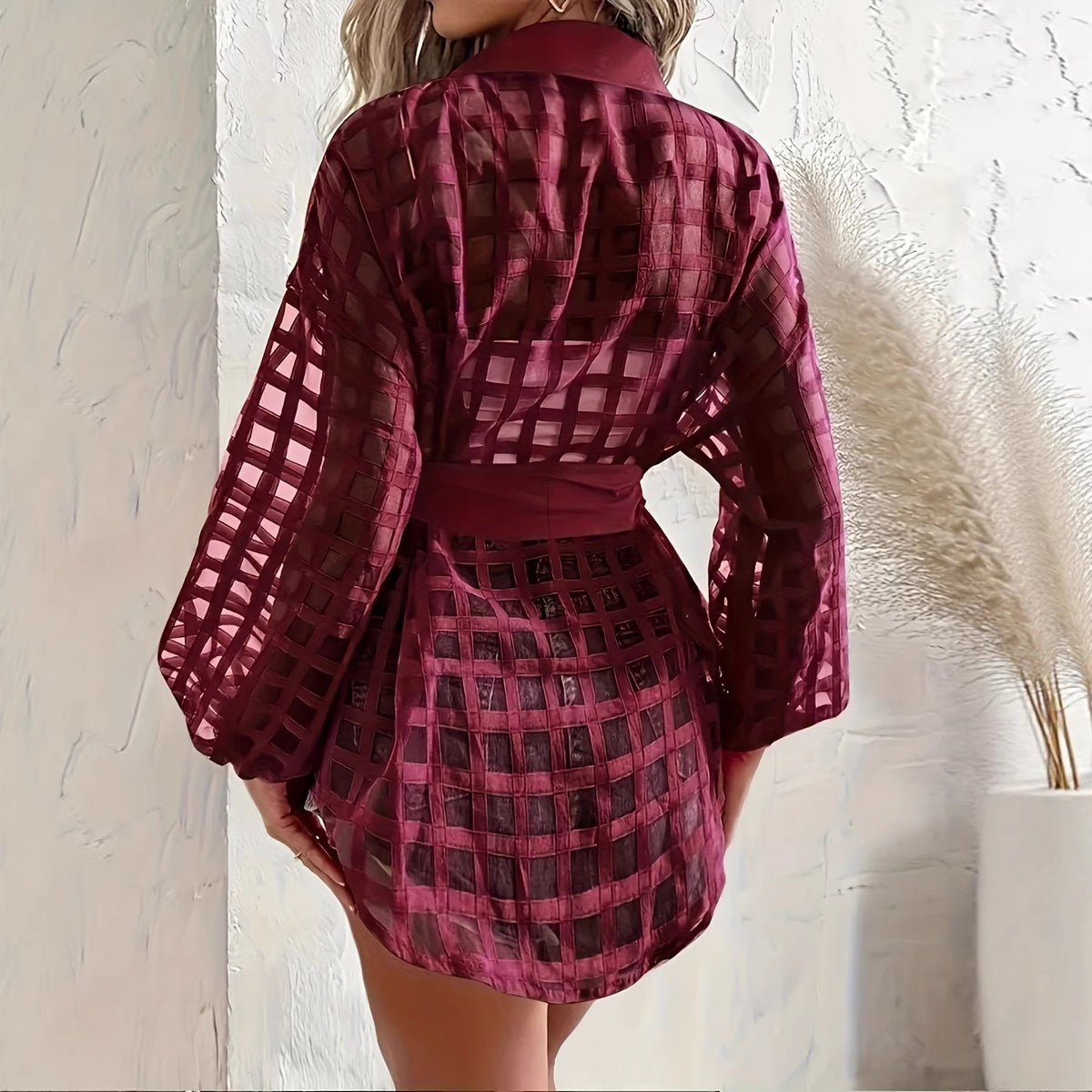 Women’s Wine Red Lace-Up Waist-Defined Top – Lapel Collar Long Sleeve Chic Style