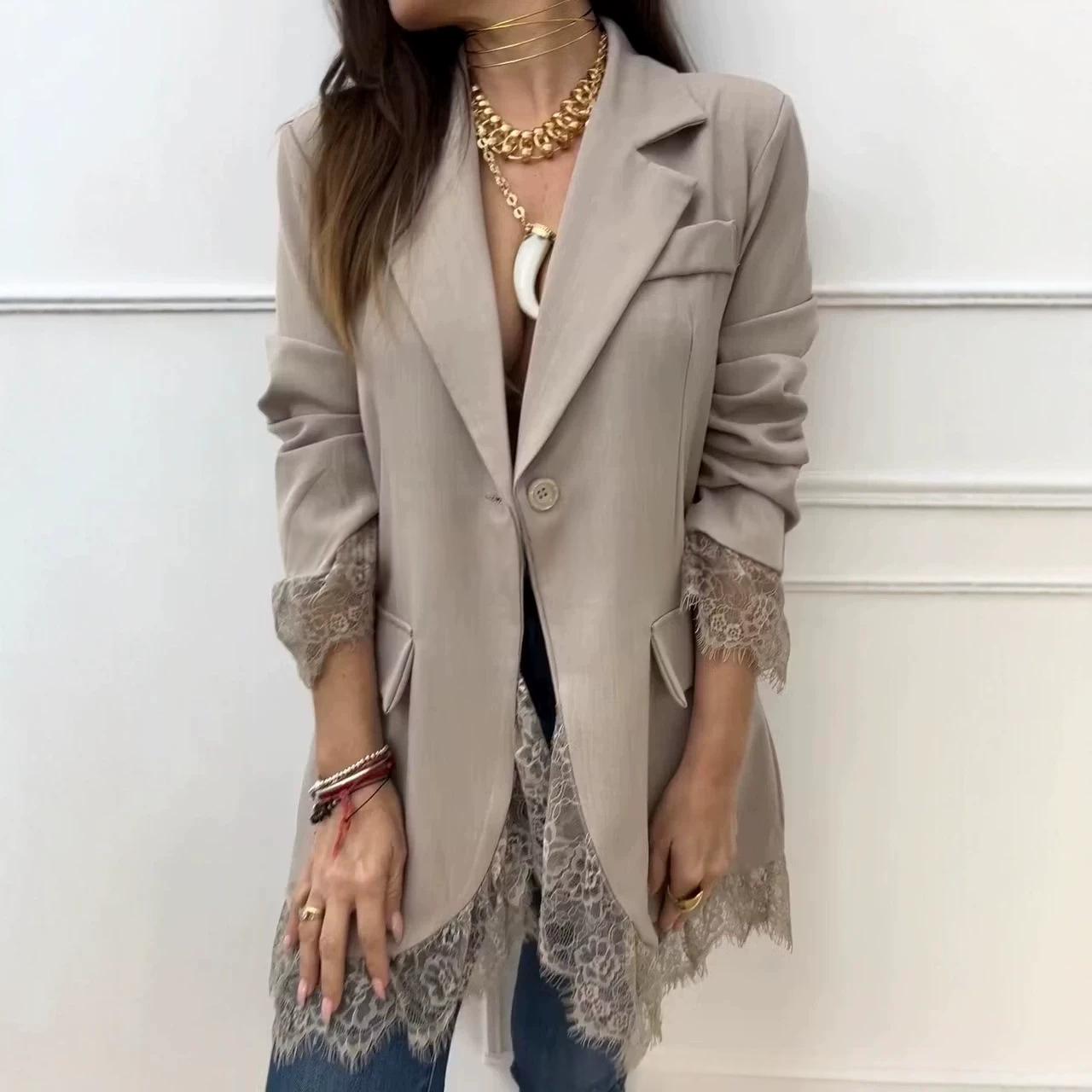 Women’s Notch Collar Lace-Trim Blazer – Slim Fit Elegant Patchwork Style