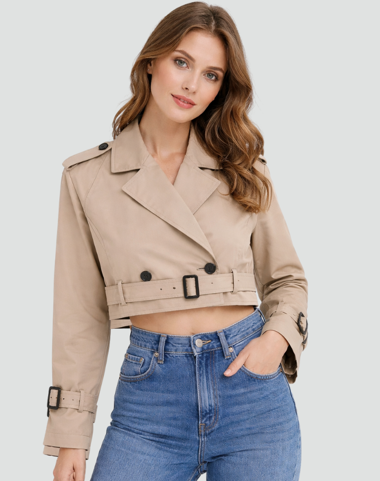 Women's Short Cotton Trench Coat - Classic Regular Fit Everyday Outerwear