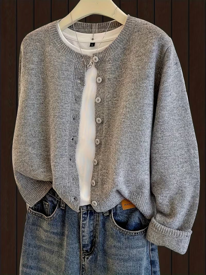 Short Round-Neck Knit Cardigan - Soft and Easy