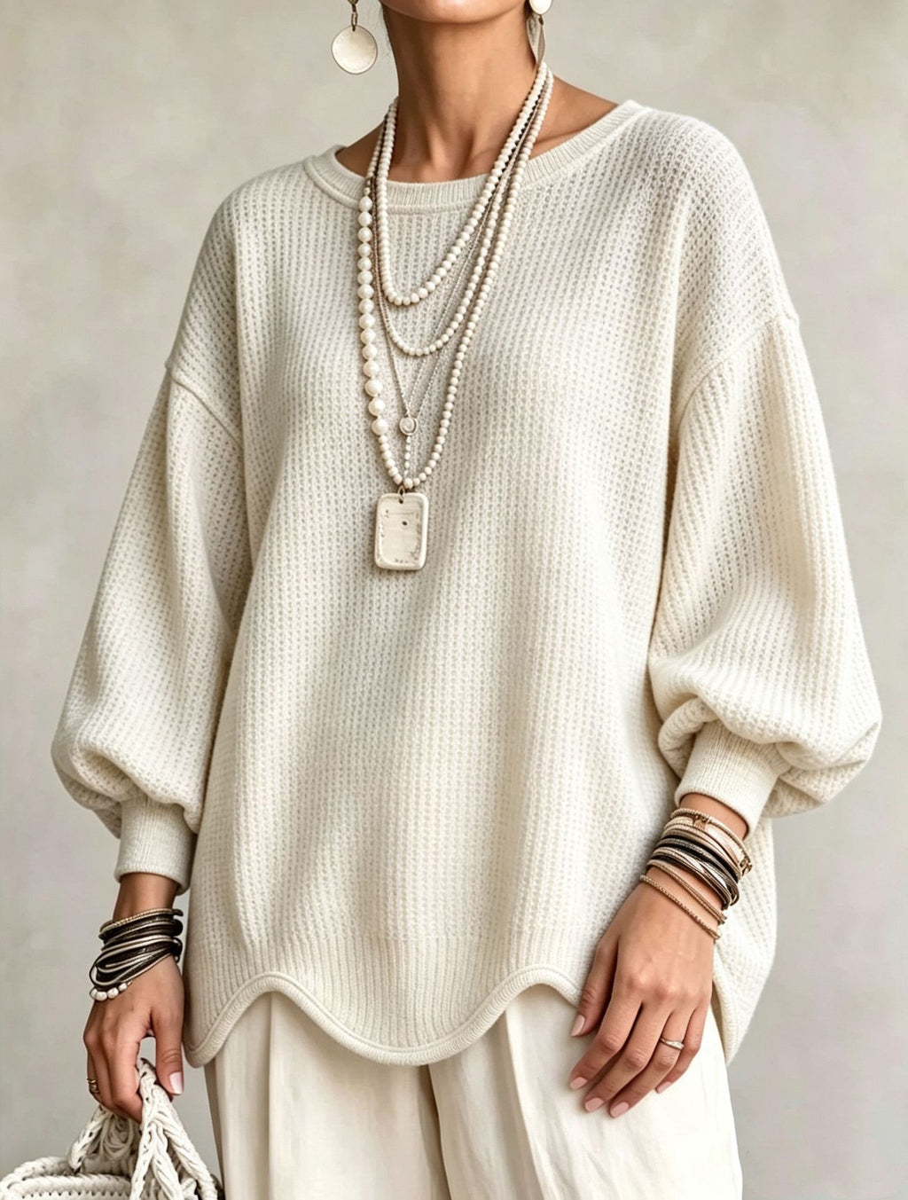 Women's Top - Round Neck, Lantern Sleeves and Wavy Hem