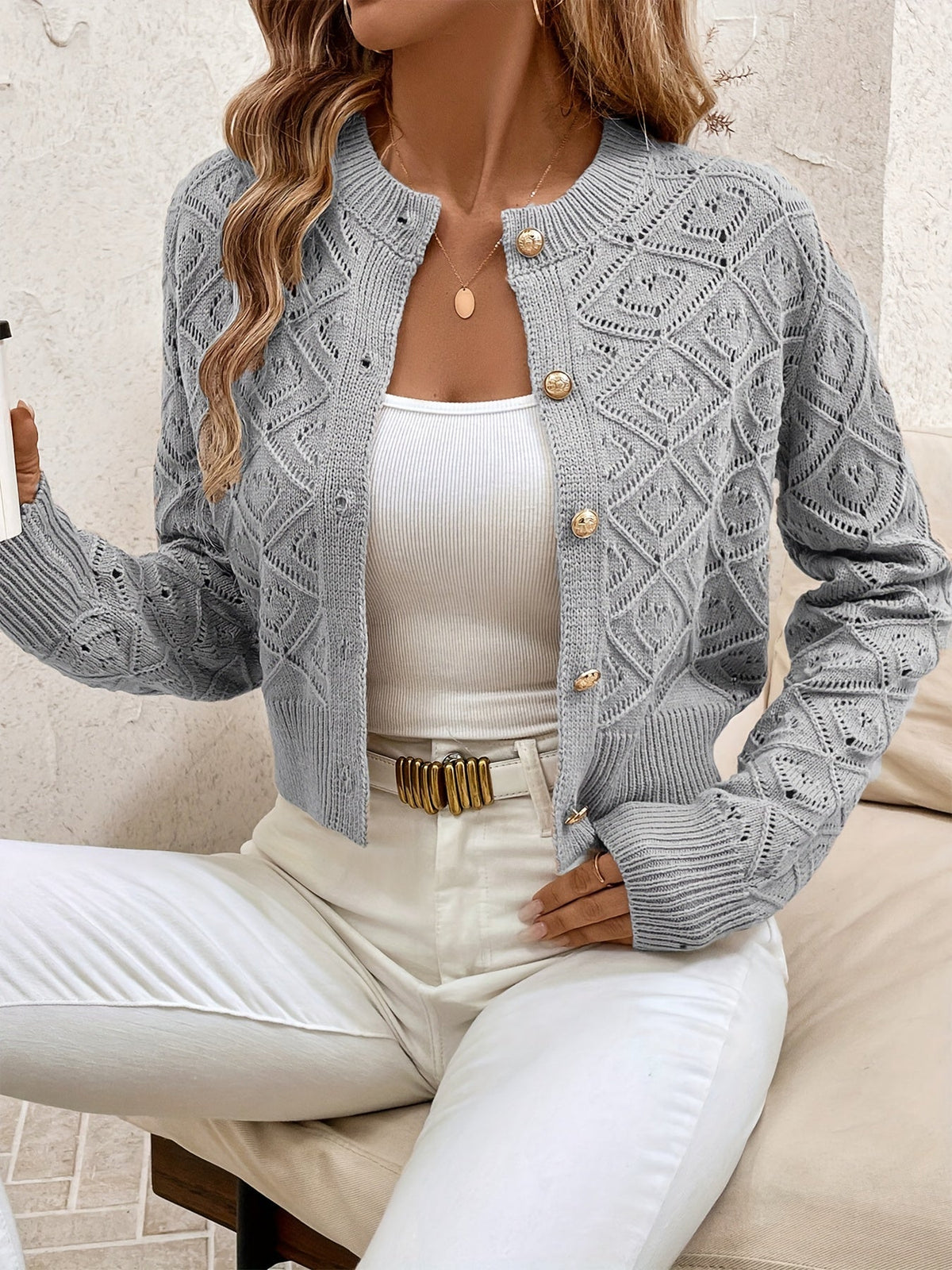 Buttoned Openwork Cardigan - Elegant and Light