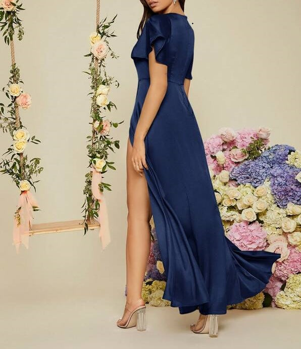 Women's V-Neck Midi Dress – Elegant High-Waist Occasion Style