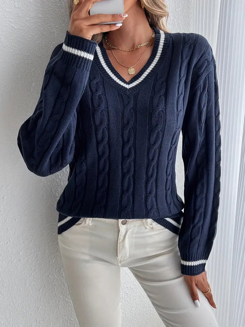 Women's Cable Knit V-Neck Striped Sweater - Soft Everyday Layer