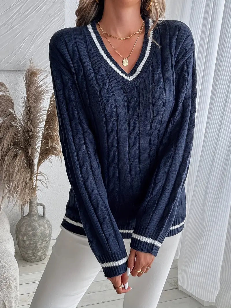 Women's Cable Knit V-Neck Striped Sweater - Soft Everyday Layer