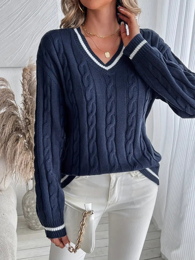 Women's Cable Knit V-Neck Striped Sweater - Soft Everyday Layer