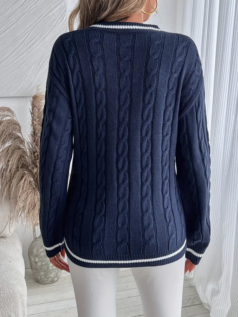 Women's Cable Knit V-Neck Striped Sweater - Soft Everyday Layer