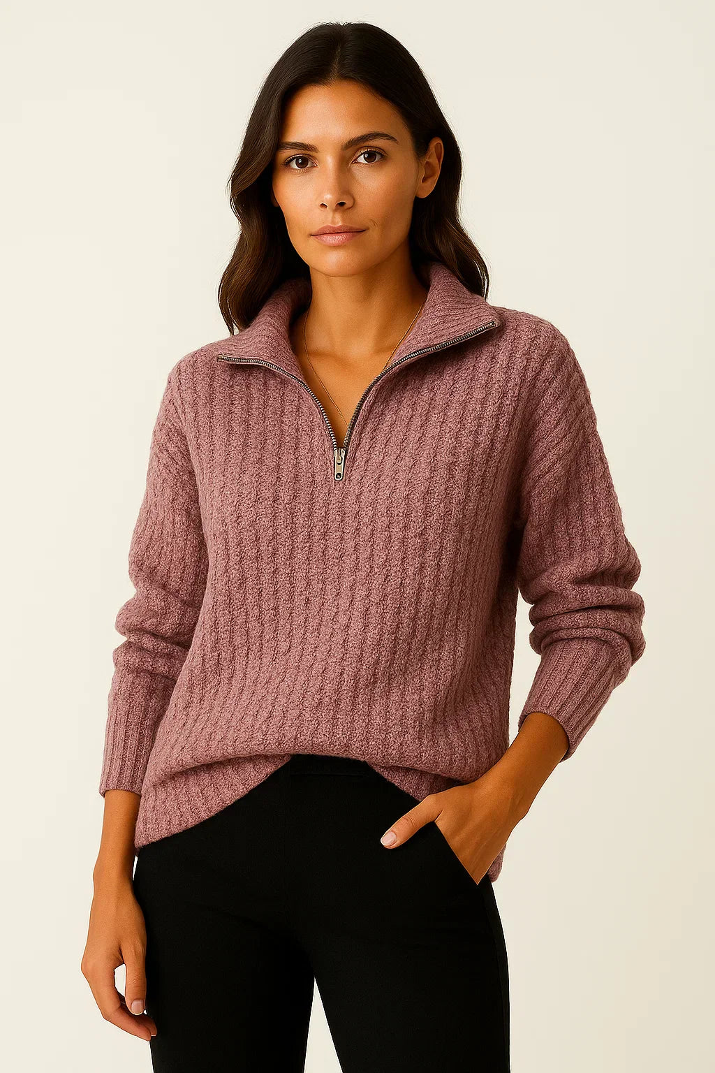 Women’s Grey Half-Zip Sweater – Casual Long-Sleeve Pullover
