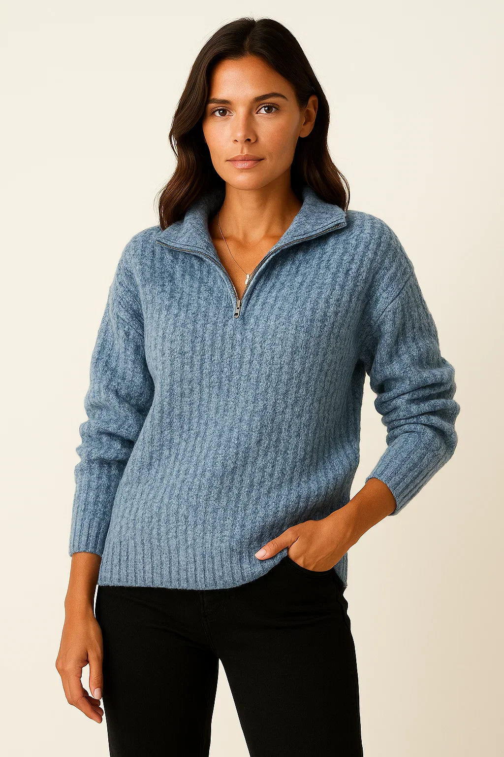 Women’s Grey Half-Zip Sweater – Casual Long-Sleeve Pullover
