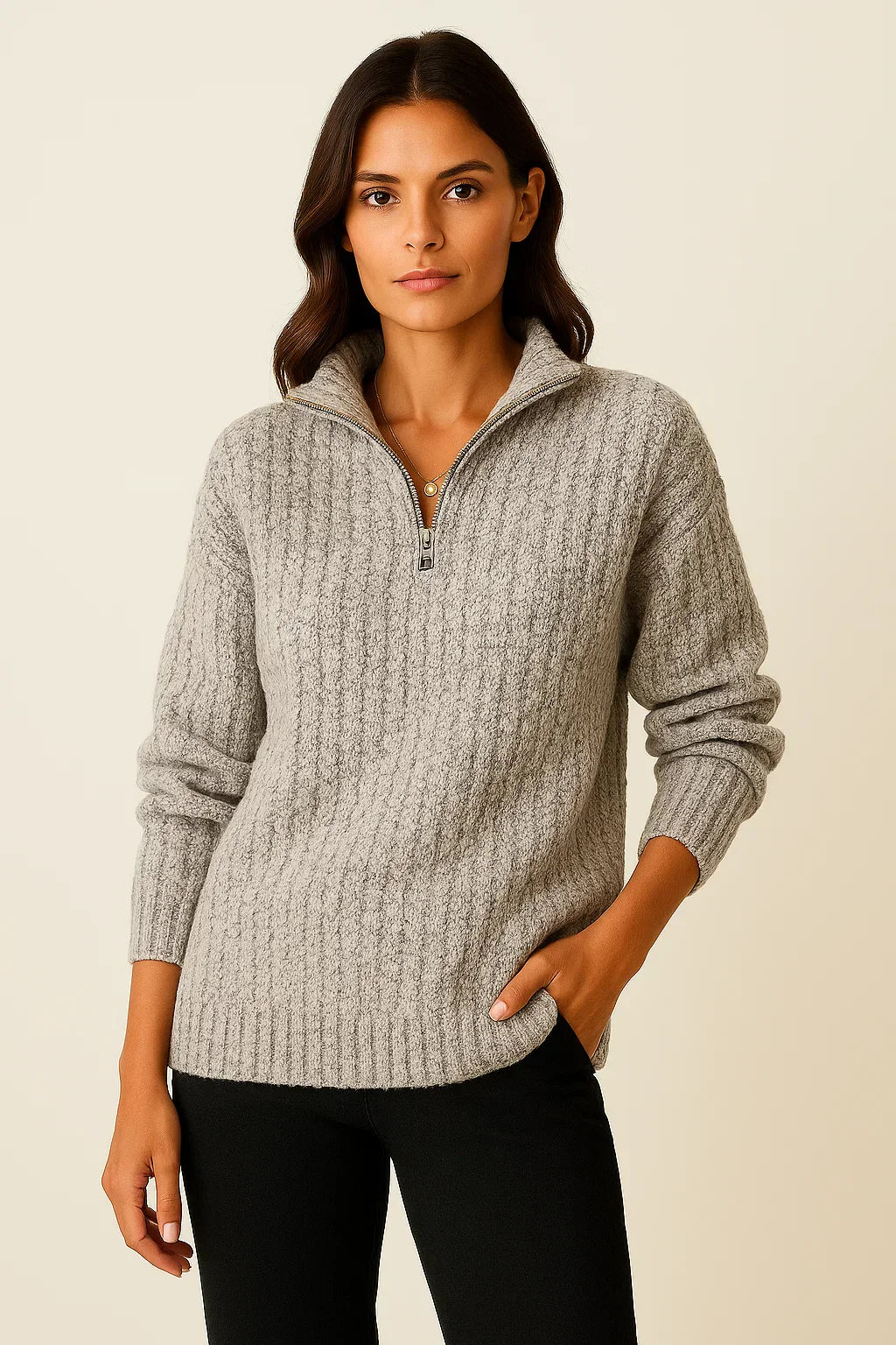 Women’s Grey Half-Zip Sweater – Casual Long-Sleeve Pullover