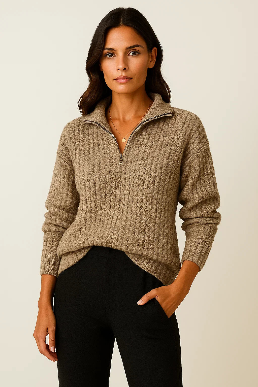 Women’s Grey Half-Zip Sweater – Casual Long-Sleeve Pullover