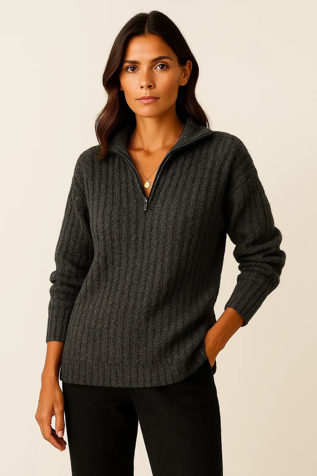 Women’s Grey Half-Zip Sweater – Casual Long-Sleeve Pullover