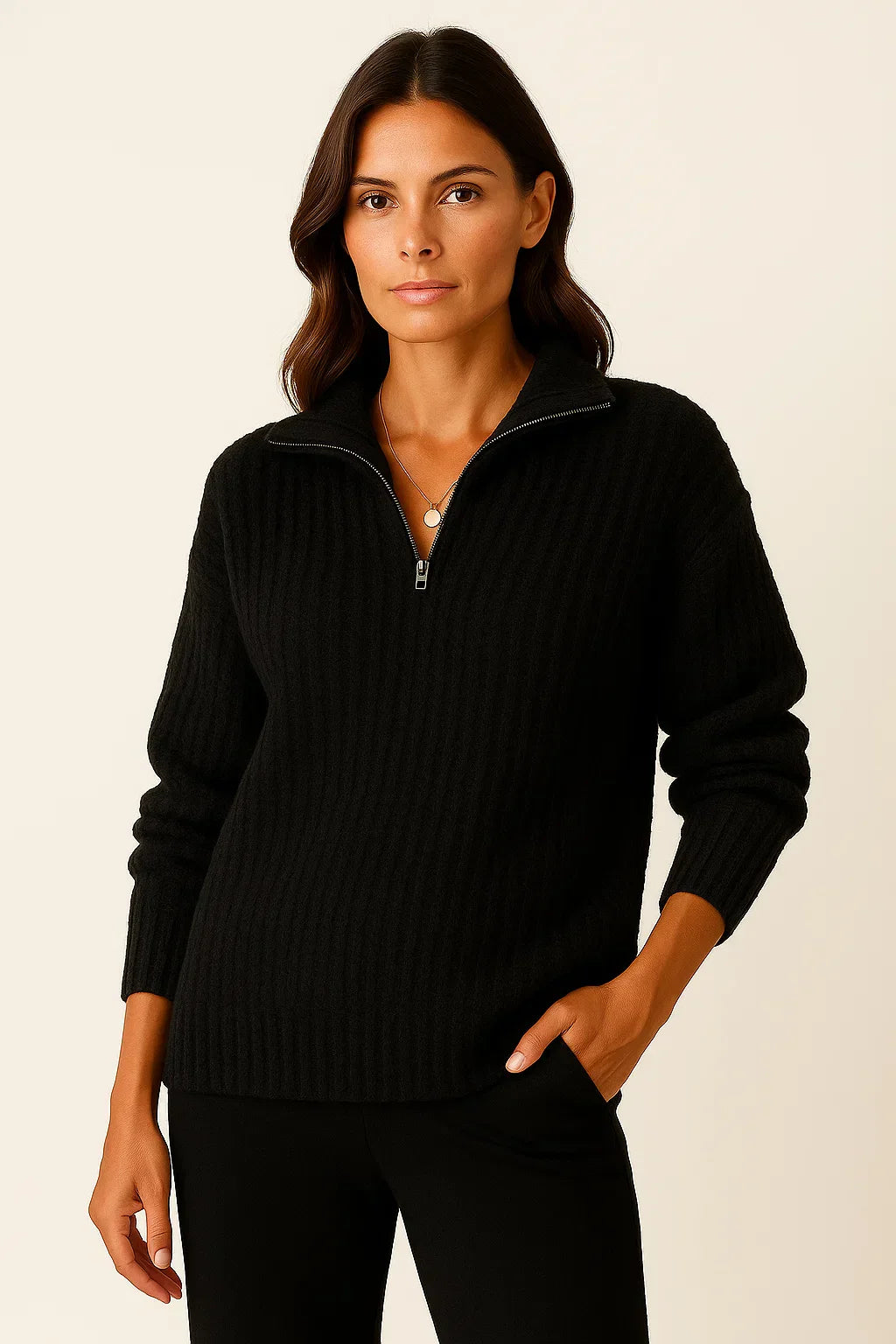 Women’s Grey Half-Zip Sweater – Casual Long-Sleeve Pullover
