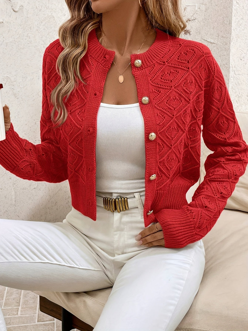 Buttoned Openwork Cardigan - Elegant and Light