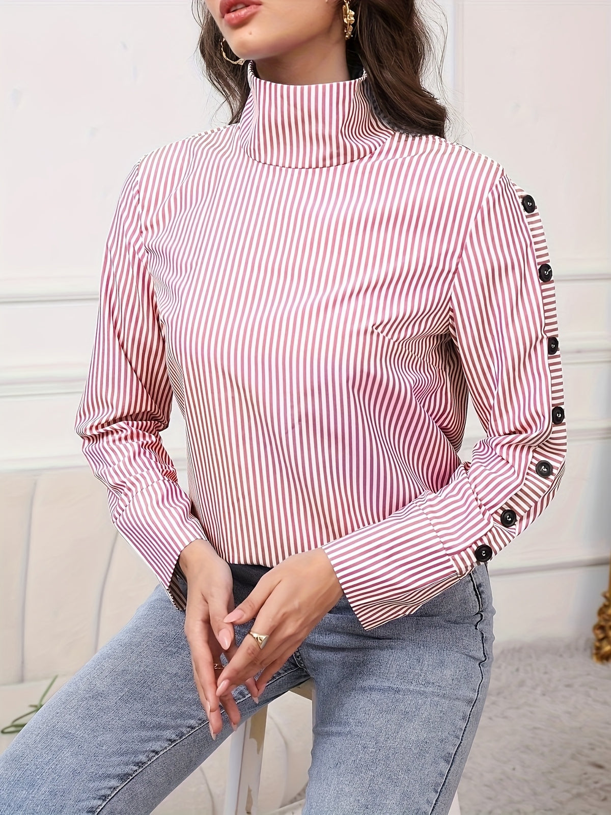 Striped Turtleneck Satin Blouse - Polished and Soft