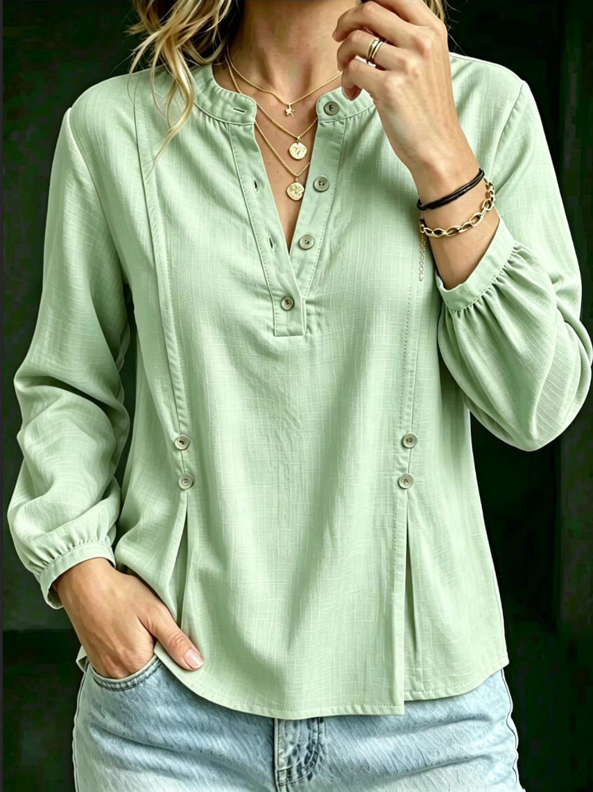 Women’s Cotton-Linen Mandarin Collar Shirt – Long Sleeve Casual Summer Style
