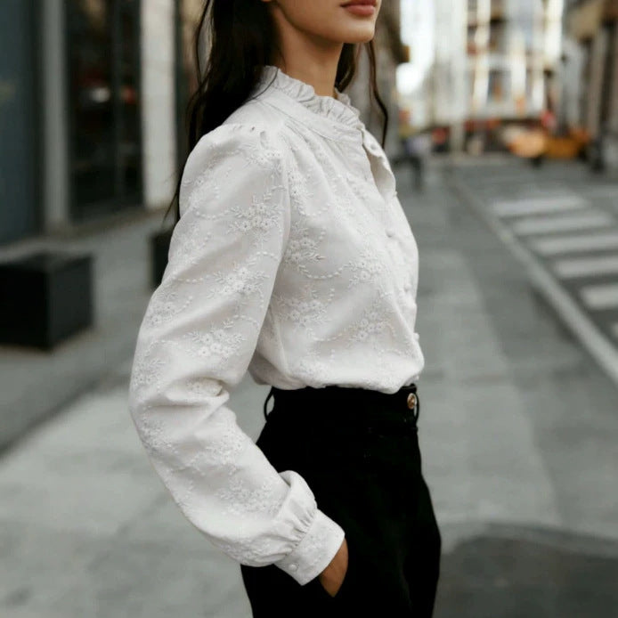 Women’s Jacquard Stand Collar Blouse – Relaxed Refined Top