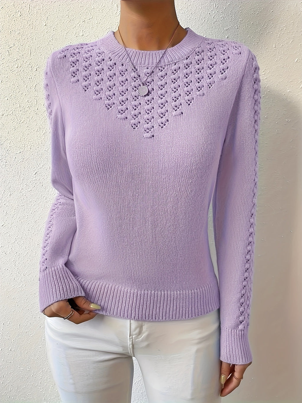 Hollow-Out Crewneck Knit Sweater - Light and Feminine
