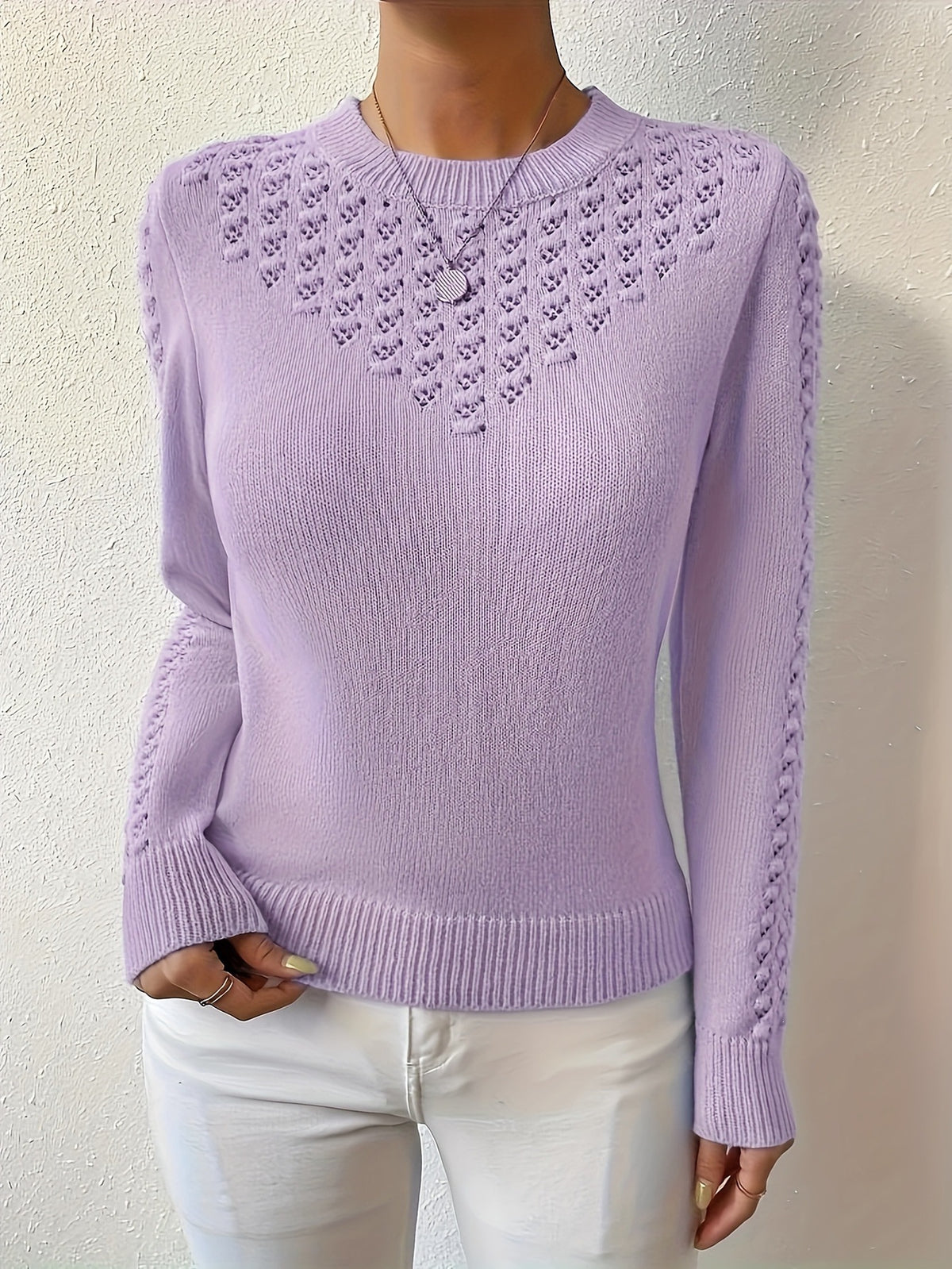 Hollow-Out Crewneck Knit Sweater - Light and Feminine