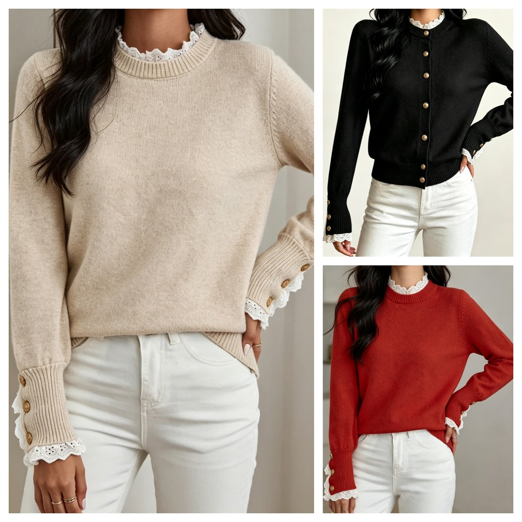 Women's Lace Detail Knit Sweater - Soft Round Neck Everyday Top