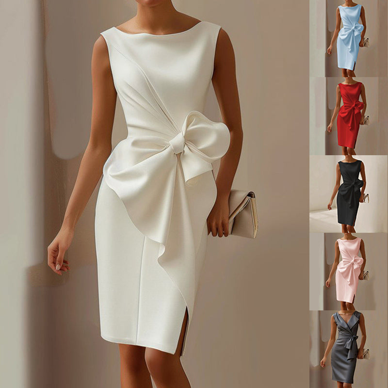 Women’s Solid-Color Bowknot Dress – Elegant Slim Sleeveless Casual & Office Party Outfit