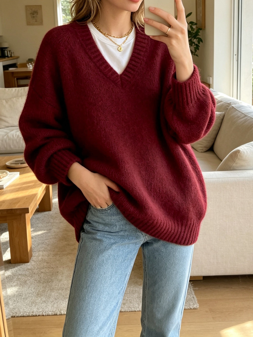 Loose V-Neck Knit Sweater - Soft and Relaxed