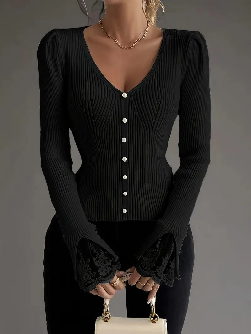 Women’s V-Neck Ribbed Sweater – Cozy Casual Elegant Layering Style