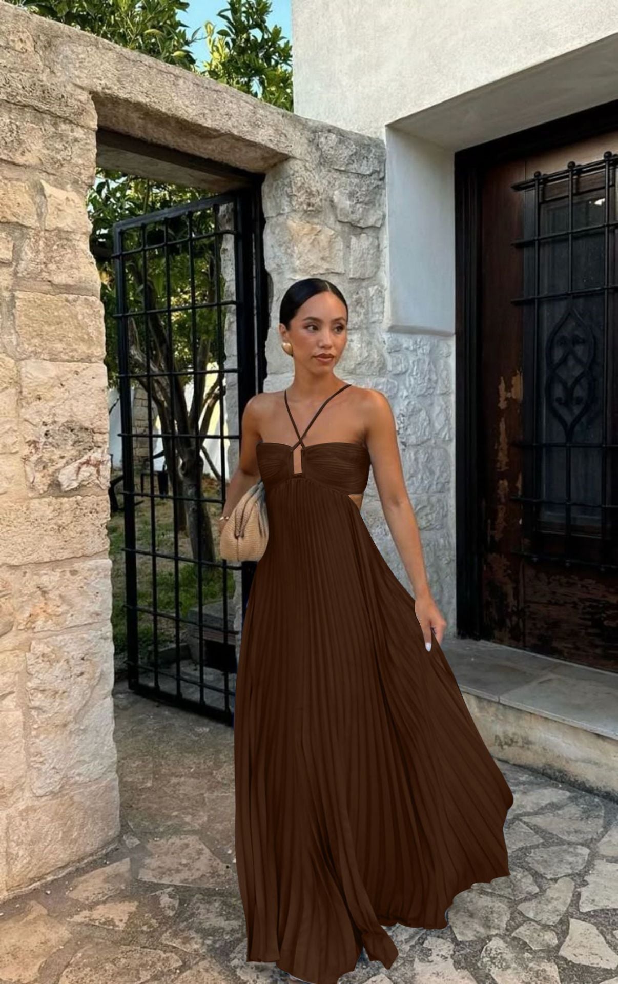 Women's Pleated Sleeveless Halter Dress – Elegant Evening Party Style